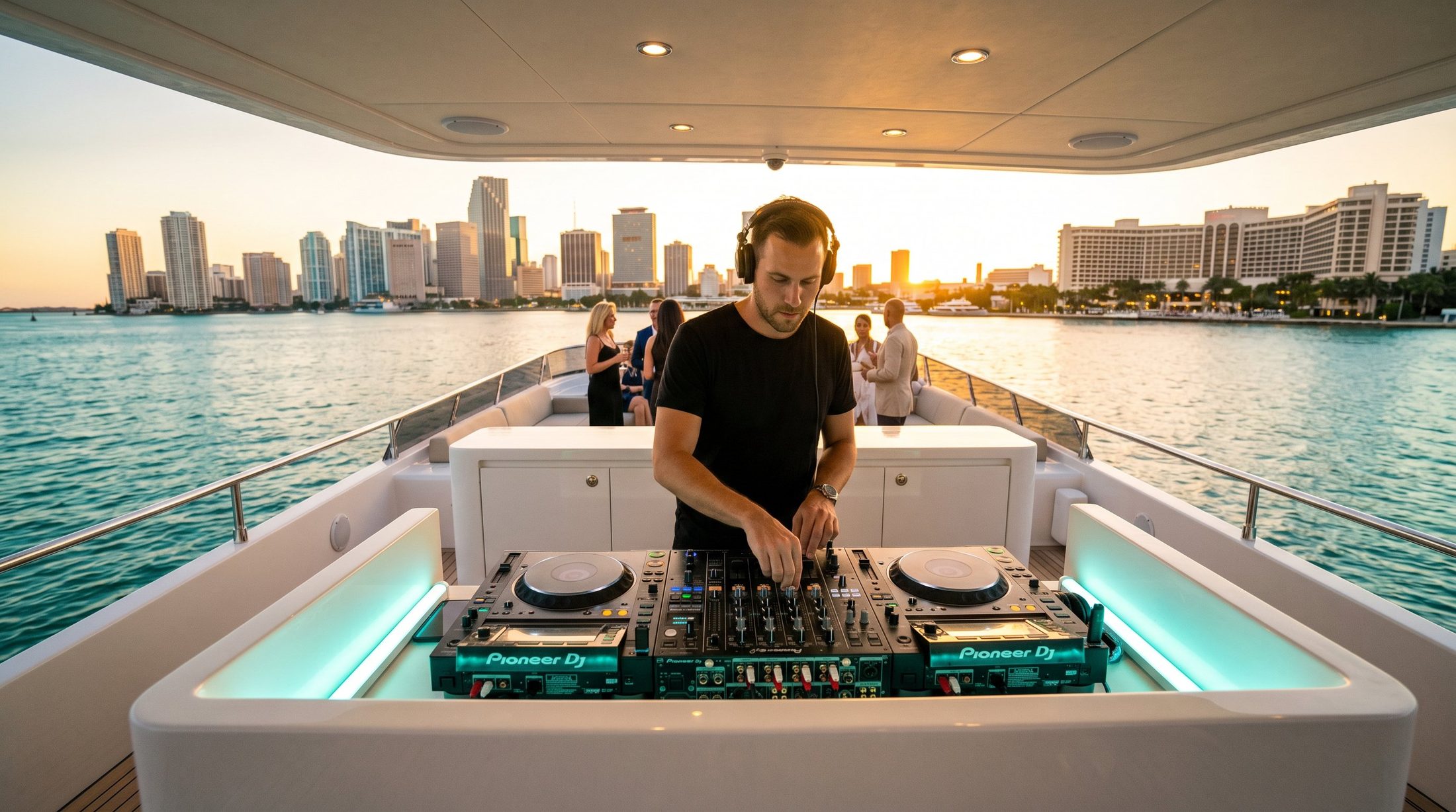 On Deck DJ performing on a yacht at sunset with the Miami skyline